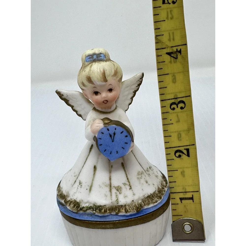 Vintage Lefton February Angel Trinket Box 1950s/1960s Blue Clock Japan 3447